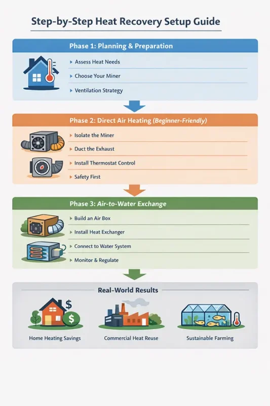 Step-by-step diagram of bitcoin mining heat recovery setup